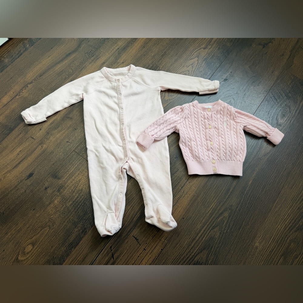 Bundle of Ralph Lauren Girls Pink Footie and Cable Knit Cardigan Size 6 Months